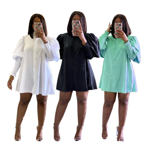 Fashion casual home loose lantern sleeve shirt dress N9299