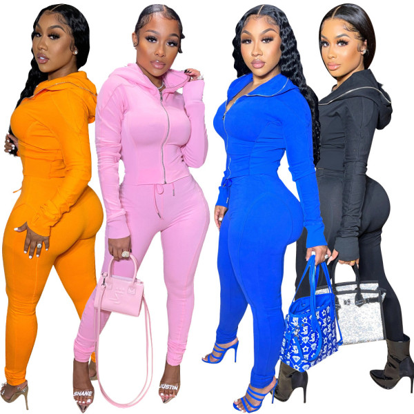 Women's hot style hooded zipper pile pants sports two-piece suit S176