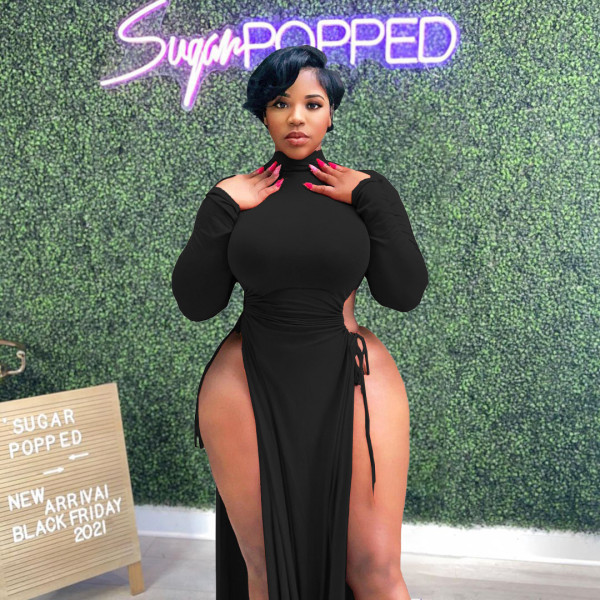 Plus size women's clothing solid color sexy high slit lace-up long dress women's dress DN8631