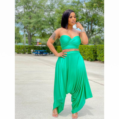 Tube top straps halter neck irregular flared pants solid color two-piece suit LM8259