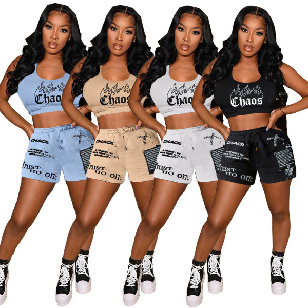 Women's clothing, letter positioning printing, vest sports suit with pockets MN8370