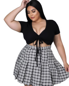 Plus size women's fashion drawstring T-shirt plaid pleated skirt two-piece suit XY9110