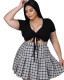 Plus size women's fashion drawstring T-shirt plaid pleated skirt two-piece suit XY9110