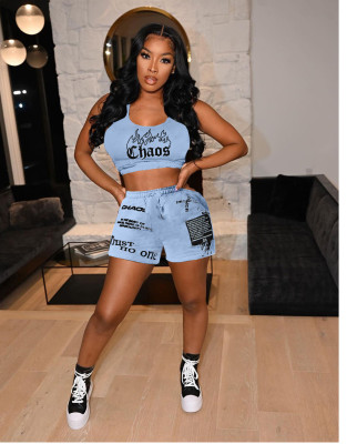 Women's clothing, letter positioning printing, vest sports suit with pockets MN8370