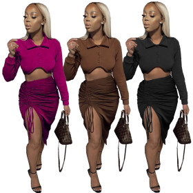 Women's shirt collar, snap button, drawstring pleated two-piece dress MN8378