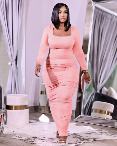 Women's Long Sleeve Shirred Dress XY9113
