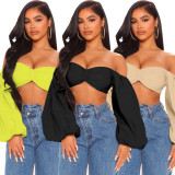 Sexy wrapped chest open back lantern sleeve top HY5234