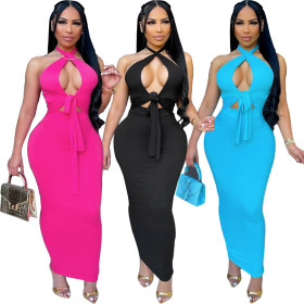 Women's pure color slim slimming halter halter dress WJ5226