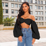 Sexy wrapped chest open back lantern sleeve top HY5234
