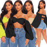 Sexy wrapped chest open back lantern sleeve top HY5234