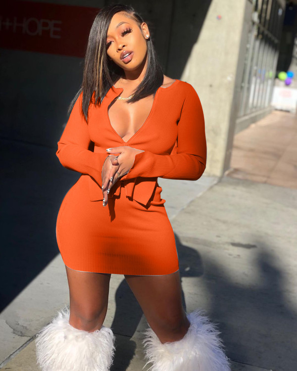Women's sexy solid color double zipper elastic casual two-piece dress AB6656