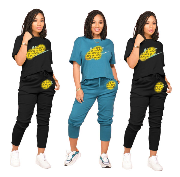 Women's summer and autumn new fashion letter printing sports and leisure two-piece suit Z60058