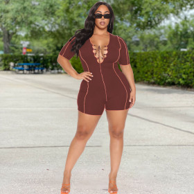 Fashion tie solid color pit strip jumpsuit XM1201