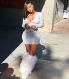 Women's sexy solid color double zipper elastic casual two-piece dress AB6656