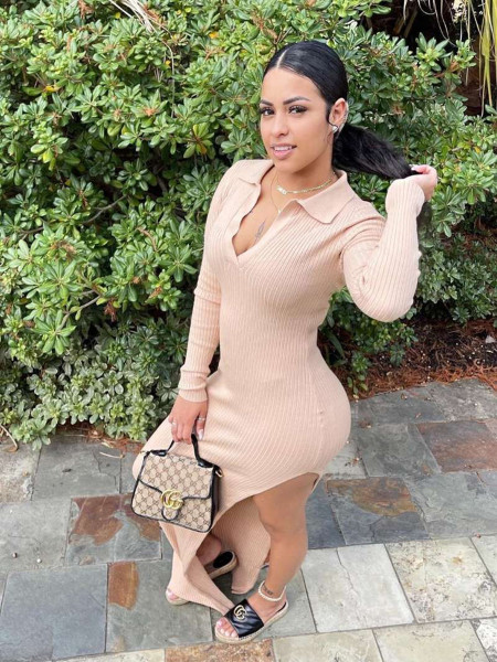 Solid color knit V-neck dress with beveled edges L752