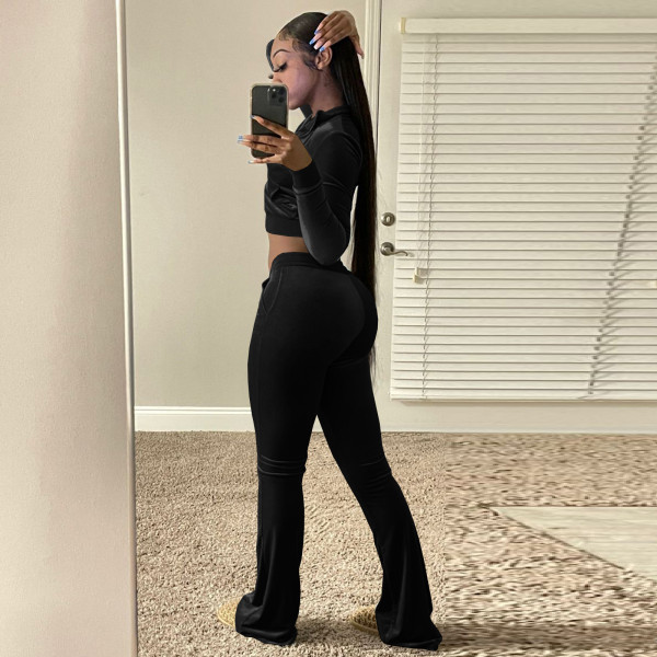 Women's letter embroidery sports and leisure solid color flared pants two-piece suit Z60081
