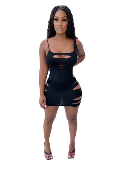 Fashion Nightclub Pure Color Sexy Hollow Hole Casual Sling Dress A5078