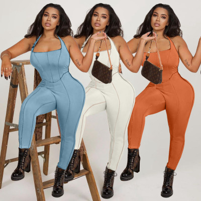 Personalized solid color hollow anti-car side tie jumpsuit QM7062