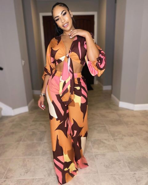 Fashion printed strappy lantern sleeve loose casual two-piece suit A5080