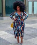 Plus Size Women's Wavy Striped Printed V-Neck Dress PH13242