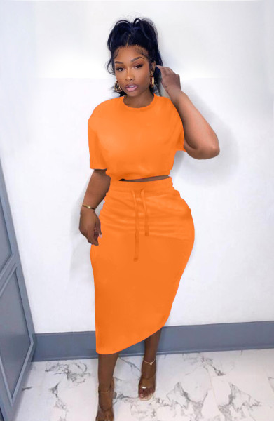 Pure color personalized strappy split short-sleeved skirt QM7065