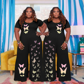 Large size women's butterfly printing fashion two-piece suit HB4032