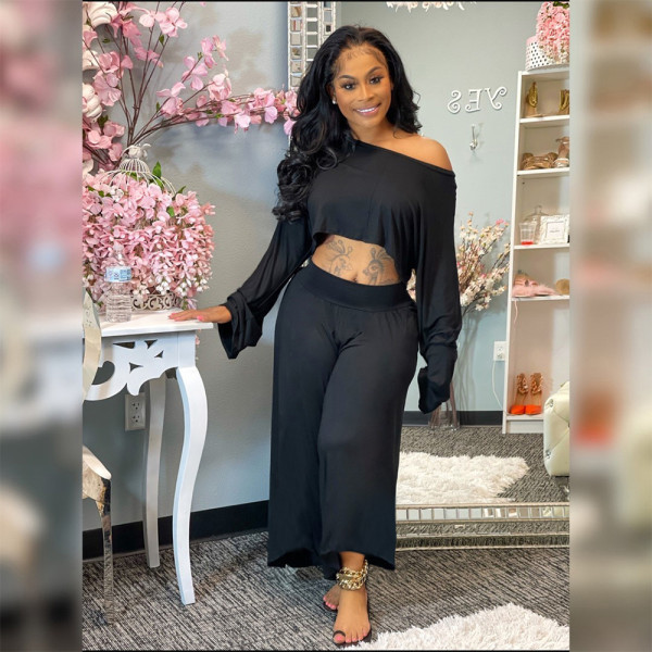 Plus size women's clothing solid color casual loose wide-leg two-piece suit KY80057