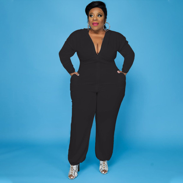 Large size European and American women's solid color bat shirt pocket zipper jumpsuit PH13248