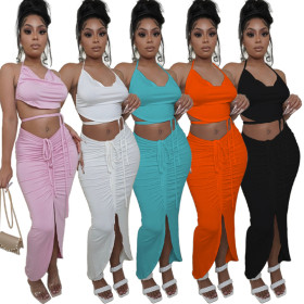 Two-piece solid color halterneck halter drawstring set AC9093