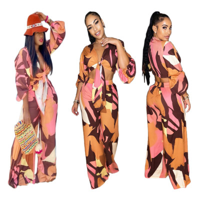 Fashion printed strappy lantern sleeve loose casual two-piece suit A5080