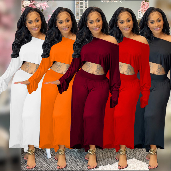 Plus size women's clothing solid color casual loose wide-leg two-piece suit KY80057