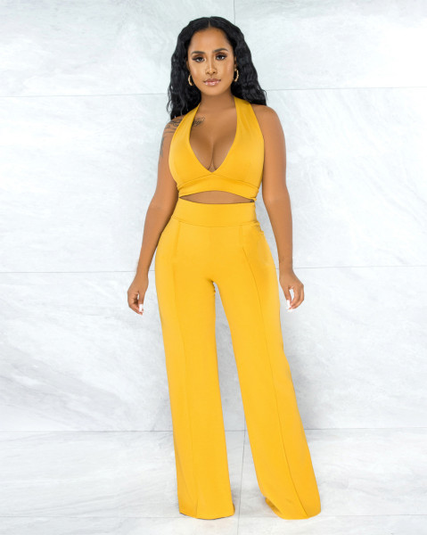 Women's solid color fashion sexy tight-fitting tank top loose wide-leg pants casual two-piece suit A5009