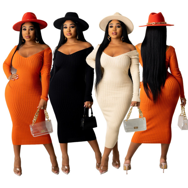 New sexy big V strapless solid color ribbed casual dress A5085