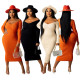 New sexy big V strapless solid color ribbed casual dress A5085