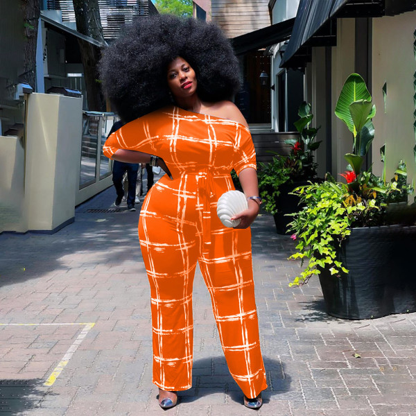 Fashion printed oblique shoulder loose jumpsuit KY80051