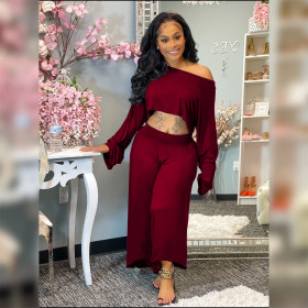 Plus size women's clothing solid color casual loose wide-leg two-piece suit KY80057