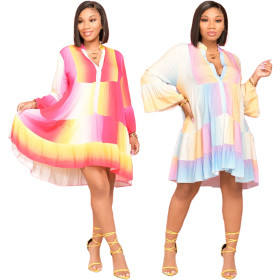 Fashion loose stitching gradient printing flared sleeve casual dress A5079