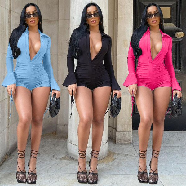 Women's solid color personality hollow tie folds ruffle sleeve jumpsuit QM7058