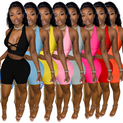Pure color sexy cross hollow two-piece suit QM7026