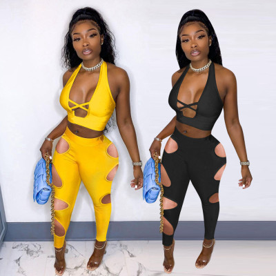 Two-piece solid color cross sexy hollow halter vest hole pants QM7035