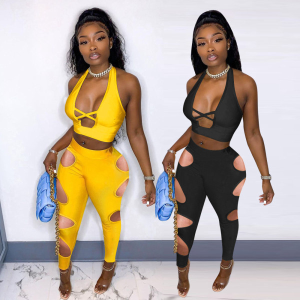Two-piece solid color cross sexy hollow halter vest hole pants QM7035