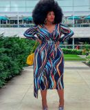 Plus Size Women's Wavy Striped Printed V-Neck Dress PH13242
