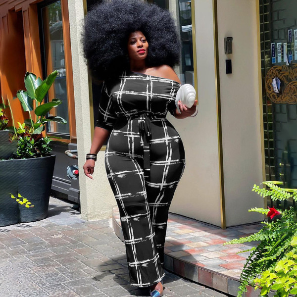 Fashion printed oblique shoulder loose jumpsuit KY80051