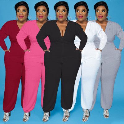 Large size European and American women's solid color bat shirt pocket zipper jumpsuit PH13248