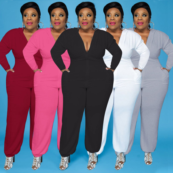 Large size European and American women's solid color bat shirt pocket zipper jumpsuit PH13248