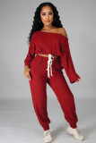 Two-piece solid color ribbed off-shoulder strappy loose trousers A5084
