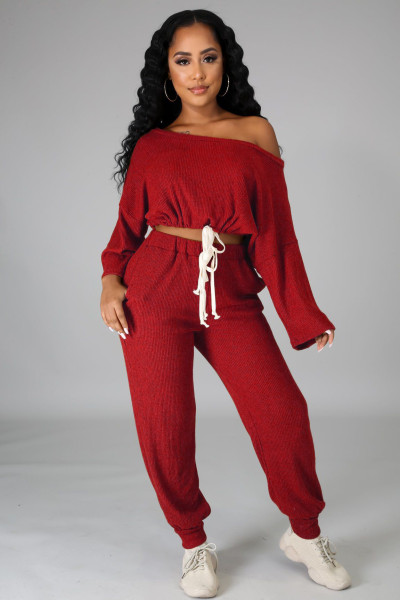 Two-piece solid color ribbed off-shoulder strappy loose trousers A5084