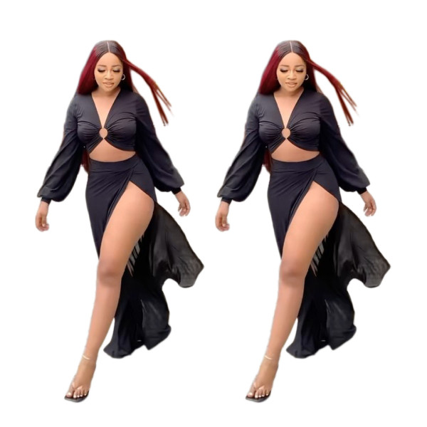 Fashion solid color sexy split skirt casual suit A5083