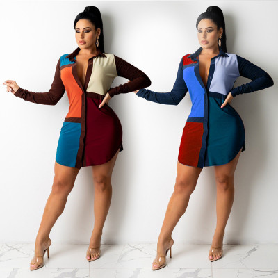 Ladies shirt patchwork stretch slim dress PH13245