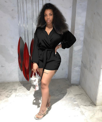 Solid color personality tie suit collar loose jumpsuit QM7057